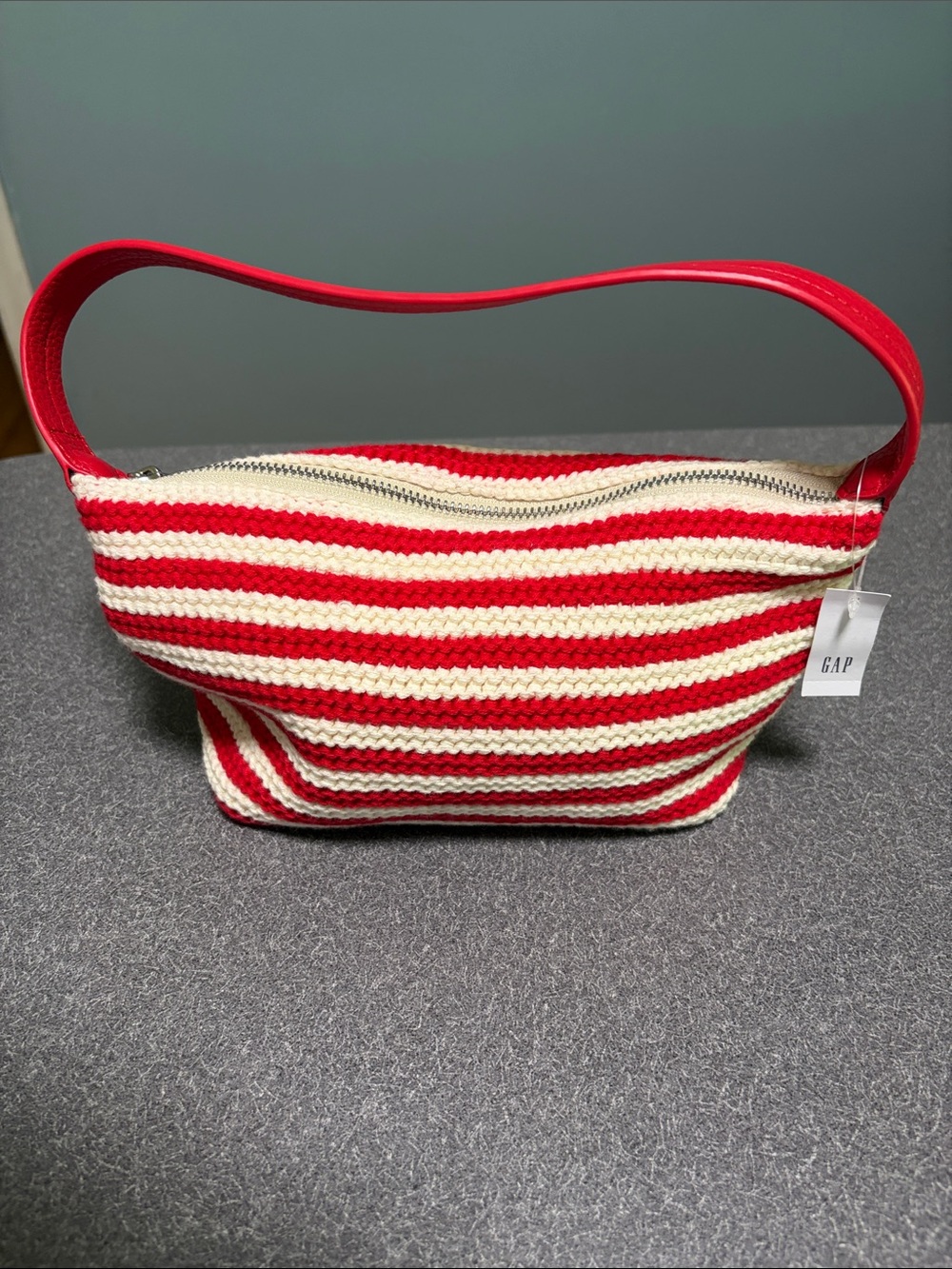 GAP Red and Cream Striped Crochet Shoulder Bag with Red Strap